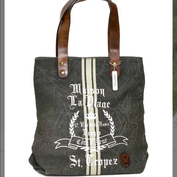 Le Papillon-St. Tropez tote-vintage dark gray white print stripe bag NWT LAST 1! - Picture 2 of 13